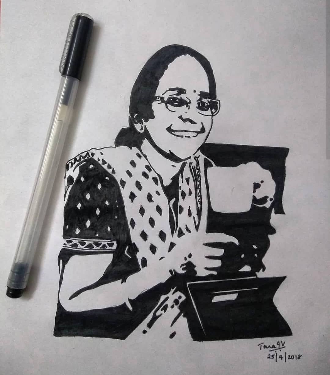 An ink portrait of my mother enjoying a cappucino